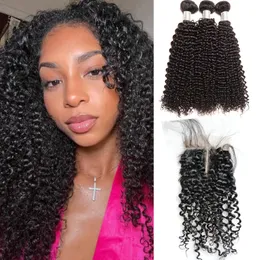 Yirubeauty Cabelo 100% Humano Brasileiro 3 Pacotes Com Parte T 4X4 Fechamento de Renda 4 Pçs/lote Kinky Curly 4X1 Fechamentos Cor Natural 10-30 polegadas