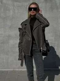 Rr2803 streetwear vintage jaquetas de couro falso para mulheres efeito desgastado estilo namorado preto motocicleta jaqueta com zíper manga casacos 240219