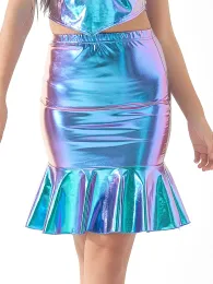 Saia brilhante rave outfits saia de sereia holográfica cintura elástica couro falso wetlook metálico saia na altura do joelho bodycon saia lápis