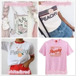 T-Shirts Pudohjn Mektup Şeftali Baskılı Sevimli Harajuku Kadın Kısa Kollu Tshirt Kawaii Pamuk Karikatür Marka Tişört Üst Gevşek Tshirt