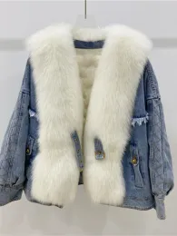 Oftbuy pele oftbuy 2023 novo inverno mulheres para baixo jaqueta jeans real casaco de pele de raposa alta qualidade grosso macio gola grande curto quente moda parka