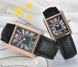 Top-Marken-Tankuhren für Männer und Frauen mit römischen Ziffern und quadratischem Gehäuse, Lederarmband, Quarzwerk, Uhr in Roségold und Silber, niedliche Damen-Kleideruhr, Geschenke