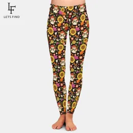 Leggings LETSFIND Moda Nuove donne Fitness Pantaloni a vita alta 3D Autunno floreale Girasoli e funghi Stampa Leggings elasticizzati per ragazze sexy