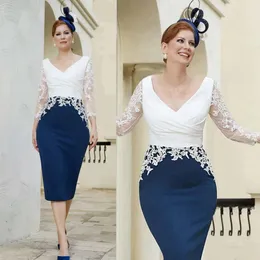 Weiß/Marineblau, T-Länge, Kleider für die Brautmutter, Kleider für Damen, elegant für eine Hochzeit, V-Ausschnitt, lange Ärmel, kurzes Mutterkleid, Bräutigamkleid für besondere Anlässe AMM123