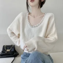 Pullovers panie swetry biały vneck dzianinowy top dla kobiet pullover kaszmirowy harajuku moda współczesny koreański styl jesienny zima 2023
