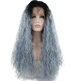 Frontal Peruklar Cosplay Sentetik Dantel Ön Peruk Bebek Saç Ombre Açık Mavi Uzun Kıvırcık Saç Kadınlar 9501770