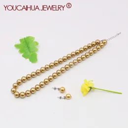 Necklace Earrings Set 10mm Golden Round SeaShell Pearl Necklace/Stud Earring Sets Jewelry Making NeckChain 5cm Extended-chain Women/Girls