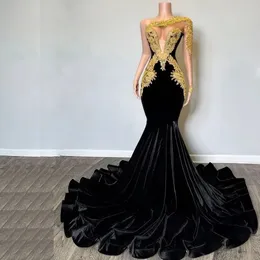 Black Velvet Mermaid Evening Prom Dresses Gold Lace Appliques Aso Ebi Birthday Reception Party Dress Sweep Train