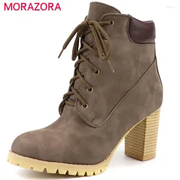 Boots MORAZORA 2024 Big Size 48 Women Ankle Round Toe Lace Up Winter High Heels Platform Shoes Ladies Office