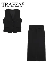 Anzüge trafza sommer weibliche schwarze schwarze midlength spitrockanzug Frauen Vintage Fashion Vneck SingleBreaSted Short Top Weste 2 -Piece -Set