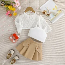 Ceeniu 06Y Baby Luxury Girls Set for Children Net Hole Topcrop Topbrown Pleated Kjol 3st Summer Kids kläder 240226