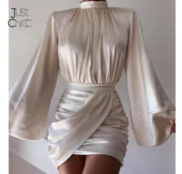 Justchicc Ruched Satin Dress Women White Latern Sleeves Sexy Party Dress Autumn Night Club Mini Dresses 2021 Vestdios4319504