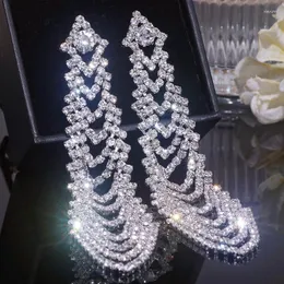 Dangle Earrings Elegant Wedding Party Jewelry Silver Color Full Rhinestone Long Drop For Women Geometric Multilayer