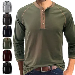 Mens Henley Yakası Uzun Kollu Tshirts Sold Sıradan Üst Kısaltılmış Cep Tshirt Yumuşak Rahat Alt Gömlek Sonbahar 240226