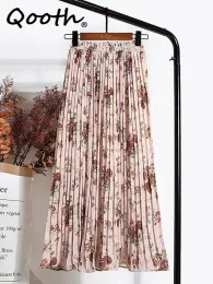 skirt Qooth Women Fairy Floral Pleated Skirt Elegant Vintage Elastic Waist Midi Chiffon Printed Aline Skirt For Spring Summer QT2234