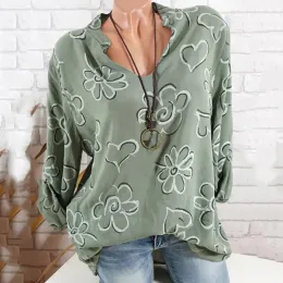 Blusa 2019 outono feminina elegante blusa casual estampa floral sexy decote em v design camisa de manga comprida top básico