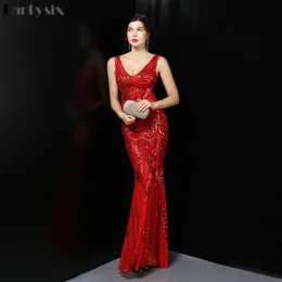 Partysix Sexy Long Sequin Evening Dress Red V Neck Evening Gowns Sleeveless Sheer Back Prom Party Formal Dresses 240228