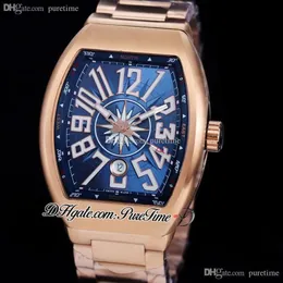 Vanguard Classic V45 A21J Automatic Mens Watch Rose Gold Blue Inner Dial White Big Number Bracelet Watches300O