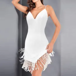 Vestido com decote em v sem mangas glitter franja vestidos de lantejoulas para as mulheres 2022 convidado de casamento mini festa sem costas vestido bodycon dança