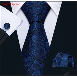 Fast Mens Ties 100% Silk Designers Fashion Navy Blue Floral Tie Hanky Cufflinks Sets For Mens Formal Wedding Party Groom 274z