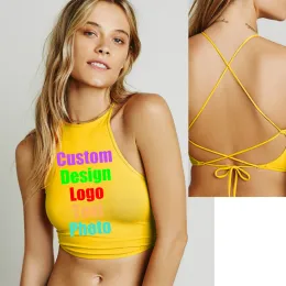 Camis sexig nattklubb strandkläder badtoppar kvinnor som korsar rygglösa bandage grödor anpassade logotextext tryckta kvinnliga tees skjortor