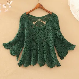 Pullovers Small coat female crochet hollow fivepoint sleeve top sweater o neck knitted pullover