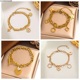 Classic Fashion Designer 18k Gold Plated Double Chain Four-leaf Clover Bracelet Jewelry Elegant Women Titanium Steel Colorfast Hand Gift