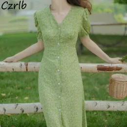 Giyim Kısa Kollu Elbise Kadınlar Yeşil Çiçek Vneck Vestidos Mori Kızlar Vintage Tehlike Mizah Midcalf Harajuku Yaz İns
