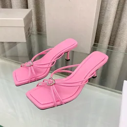 2024 Kvinnor Crystal Embelled High-Heeled Sandals Cross Stiletto High Heels Slide Slipper Mules Designer Heel Sandals Dress Shoes Factory With Box Top Quality