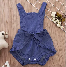 Girl Square Collar Bez rękawów Romper Baby Summer Jean Deep Blue Tosit niemowlę stałe kolory ubrania One Piece Zht 2655217366