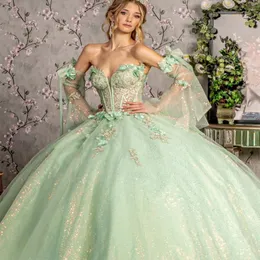 Зеленое блестящее платье Quinceanera с открытыми плечами 2024, аппликация, расшитое блестками кружево и бусы, Tull Vestido De 15 Quinceanera Robe De Ball