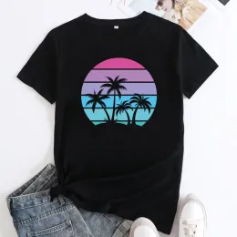 T-Shirt Palm Tree Island Sunset Tshirt estetik kadınlar tropikal plaj titreşimleri tshirts retro aile yaz tatil tişört