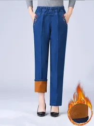 Kot kış kadife astarlı bol kot pantolon düz pantolon anne peluş elastik yüksek bel pantalonları vintage sıcak kalın denim broek e163