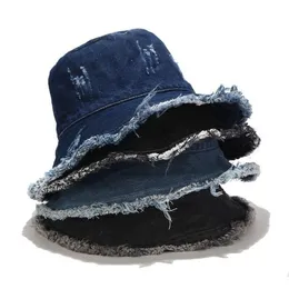 Szerokie brzegowe czapki giyu w trudnej sytuacji vintage otwory moda Demin wiadro kobiety High Street Blue Outdoor Sun Caps Kobietowe wędkarstwo swobodne 297p