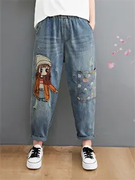 6537 dos desenhos animados maca menina bordado calças jeans para mulheres na moda buraco casual cintura alta calças bolsos mãe harem azul jeans 240227