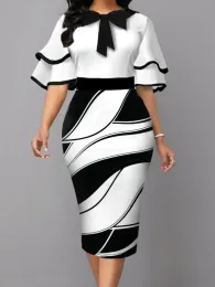 Kleid Bodycon Print Kleider für Frauen 2023 Schwarz und Weiß Rüschen Hülse Midi Roben Bowtie Paket Hüfte Elegante Slim fit Herbst Vestido