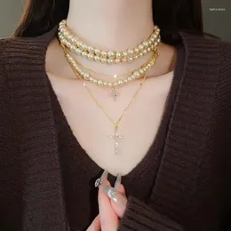 Colares de pingente elegante vintage imitação-pérola cruz gargantilha colar feminino punk duas peças conjunto strass jóias y2k acessórios