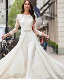 Sleeve White Long Jumpsuits Wedding Dresses Lace Satin With Overskirts Beads Crystals Plus Size Bridal Gowns Pants Formal Dress