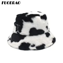 Fuodrao New Winter Cow Bucket Hat Women Faux Fur Girl Hat Fashion Warm Panama Outdoor Fisherman Cap Men 3colors M135 201102238S