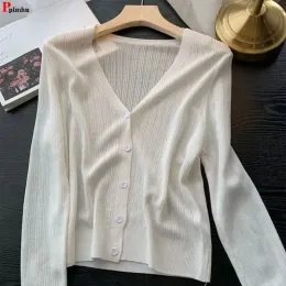 Cardigans Women Thin Knit Sunscreen Cardigan Coat Summer Casual Ice Slik Short Knitwaer Outwear Korean Fashion Slim Strickjacke New