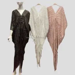 Elbise Mütevazı Lady Elegant Metalik Puflu Kol V Boyun Pileli Pullu Plus Plus Boyut Bodycon Uzun Elbise Fringe Fringe Kadın Gecesi Elbise