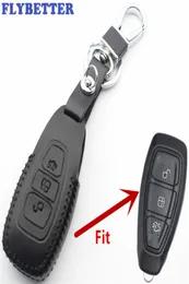 Flybetter äkta läder 3Button Smart Key Case Cover för Ford FocusCmaxmondeokugafiestasmaxGrand Car Styling L22129292378