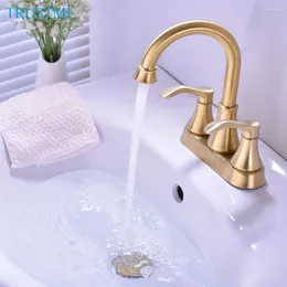 Bathroom Sink Faucets Brushed Gold Faucet With Up Drain Dual Handle And Cold Vanity Mixer Tap 4-inch Centerset Swivel Spout