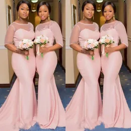 Blush Pink African Nigerian Mermaid Bridesmaid Dresses with Sleeve Sheer Lace Neck Plus Size Maid of Honor Wedding Guest Gown