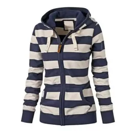 Kvinnliga randiga huvtröjor Pälsdragning Långa ärmar Fickor Dragkedja Clre Sweatshirt Jacka Ladies Tops Veste Femme 240223