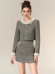 Work Dresses French Style High Quality Small Fragrance 2 Piece Lace Short Jacket Coat Elegant A-line Pearl Skirt Winter High-end Fashion