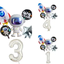 New Outer Space Theme Astronaut Rocket Number Foil Balloons Boy Birthday Decorations Kids Baby Shower Party Supplies