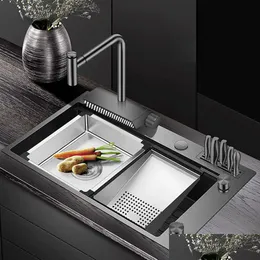 Kitchen Sinks Nano Black Step Kitchen Sink SUS 304 Rostfritt stål 4mm tjocklek Handgjord över Mount Waterfall -kran Drop Delivery H DH4TM