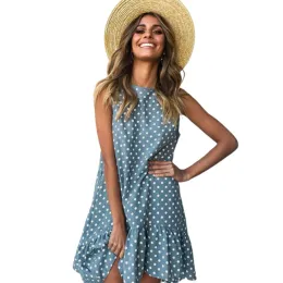 Klänning Summer Dress Women Wave Point Ruffled Polka O Neck Sleeveless Casual Beach Sundress Transparent Kvinna Plus Size Vestidos 2020