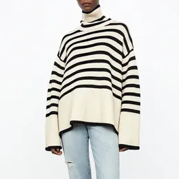 Tidig höstkvinnor Turtleneck tröja Pullover Hem Slitt Loose Stripes Långärmad varm kvinnlig Retro Jumper Tops 240223